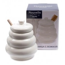 Банка для меда фарфоровая 375 мл/12.5 см с крышкой и бамбуковой ложкой (арт. 2632019. код 074225)