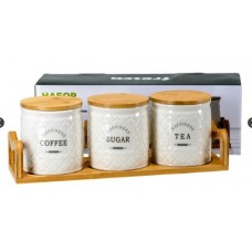 Банка для сыпучих продуктов керам. Coffee. Sugar. Tea  3 шт. 700 мл/11*11*12.3 см на бамбуковой подставке (арт. QC25A148. код 292851)